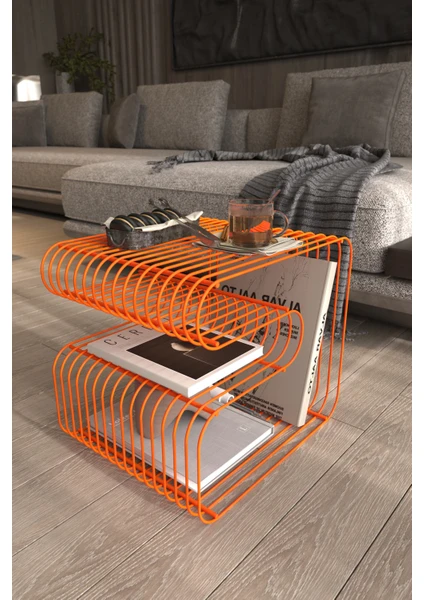 Turuncu Tel Metal Tasarımlı Modern Paslanmaz Yan Sehpa, Dekoratif Metal Sehpa